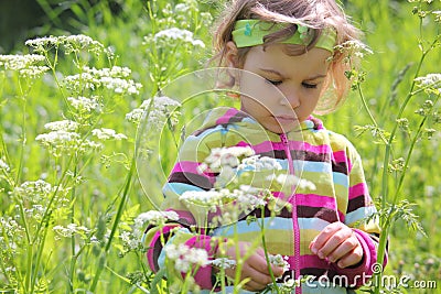 Little girl on glade among flowers Stock Photo