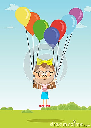 Little girl with glasses flying with multicolored balloons on meadow Vector Illustration