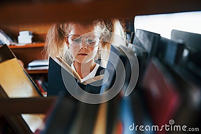 Little girl in glasses searching for a book in the library. Conception of education Stock Photo