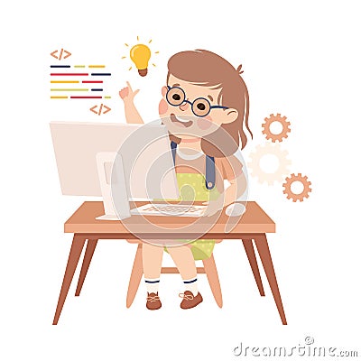 Little Girl in Glasses Sitting at Computer and Coding Programming and Engineering Smart Technology and Artificial Vector Illustration