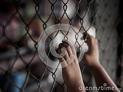 Little girl hand holding on chain link fence for freedom, Human Stock Photo
