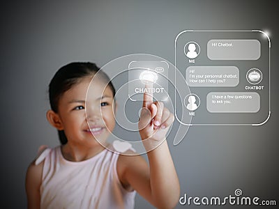 Little girl hand using a digital chatbot program for online chat with human users. Support and customer service automation Stock Photo