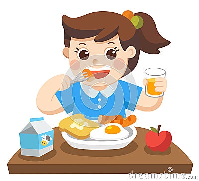 A Little girl happy to eat breakfast in the morning. Vector Illustration
