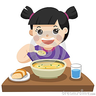 A Little girl happy to eat Soup Vector Illustration