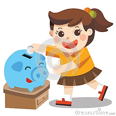 A Little girl happy to saving money in blue piggy bank Vector Illustration