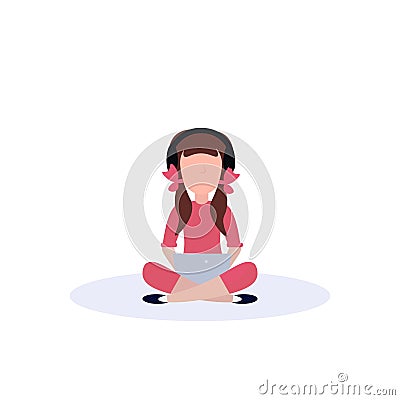 Little girl headphones sitting pose isolated using tablet female faceless cartoon character flat Vector Illustration