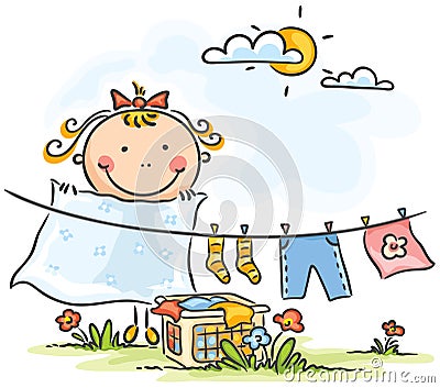 Little girl helping her mother with the laundry Vector Illustration