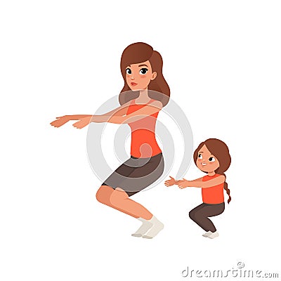 Little girl with her mother doing sit-ups. Morning exercise. Cartoon mom and daughter in sportswear. Sporty family Vector Illustration