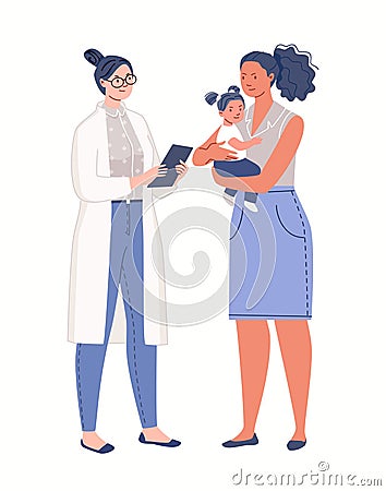 Little Girl With Her Mother at Reception at Pediatrician Vector Illustration