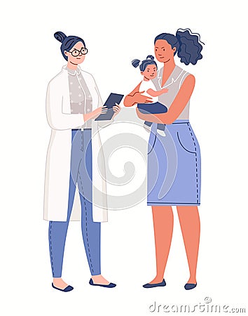 Little girl with her mother at reception at pediatrician Vector Illustration