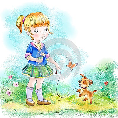 Little girl and her small puppy cartoon art Cartoon Illustration