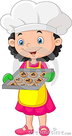 Little girl holding baking tray with baking ready to eat Vector Illustration