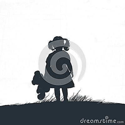 Little girl is holding a bear in her hand and looking into the distance Vector Illustration