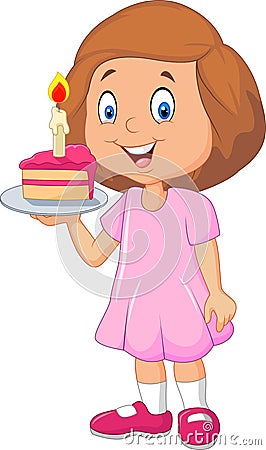 Little girl holding birthday cake isolated on white background Vector Illustration