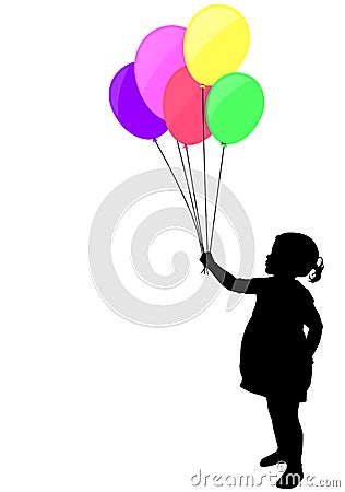 Little girl holding colorful balloons silhouette Vector Illustration