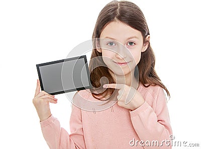 Little girl holding a gray card Stock Photo