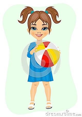 Little girl holding an inflatable striped ball Vector Illustration