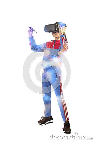 Little girl holding pen with glasses of virtual reality Stock Photo