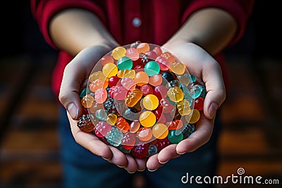 A little girl holding pile of candy in hands Stock Photo