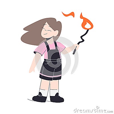 Little Girl Holding Stick Playing with Fire Vector Illustration Vector Illustration