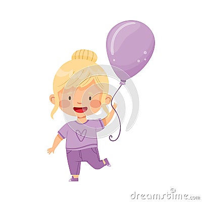 Little Girl Holding Violet Toy Balloon Vector Illustration Vector Illustration