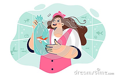 Little girl holds live fish inside polythene bag with water, standing in oceanarium with aquariums Vector Illustration