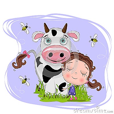 Little girl hug the cow, adorable baby cartoon background with grass and bee. lovely greeting card. vector illustation. Vector Illustration