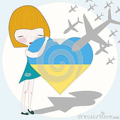 Little girl hugging heart in Ukrainian flag colors on the background in the sky war air planes attacking Vector Illustration