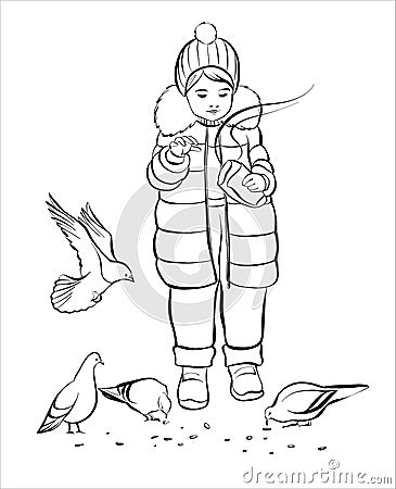 A little girl in a jacket, feeding pigeons. Black and white realistic illustration for coloring. Cartoon Illustration