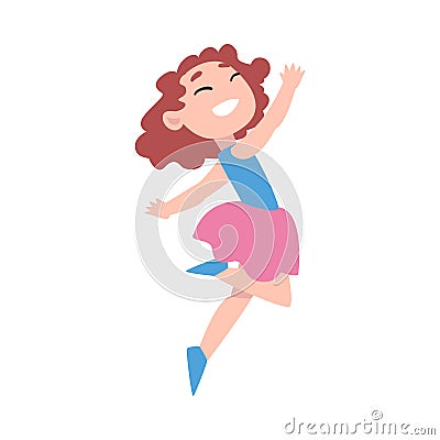 Little Girl Jumping, Cute Happy Preschooler Girl in Dress Having Fun Cartoon Style Vector Illustration Vector Illustration