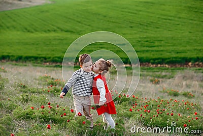 The little girl kisses the boy. Stock Photo