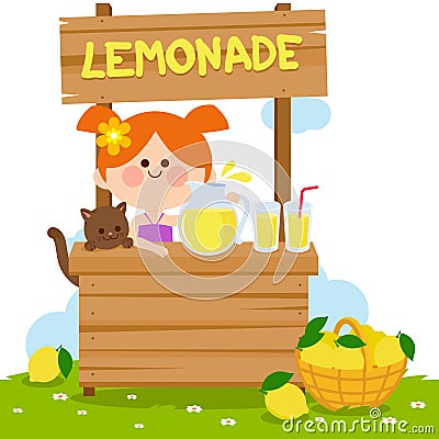 Little girl in a lemonade stand selling lemon juice. Vector illustration Vector Illustration