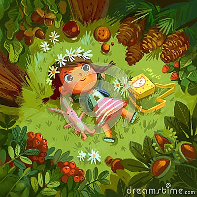 Little girl lies on a meadow on the grass in the forest Stock Photo