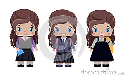 little girl, with long brown hair in different school uniforms Vector Illustration