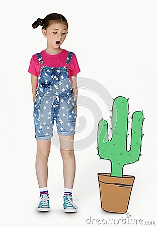 Little Girl Looking Papercraft Cactus Stock Photo