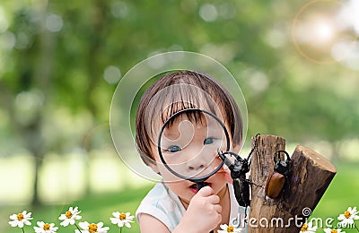 Little girl looking rhino beetle in garden Stock Photo