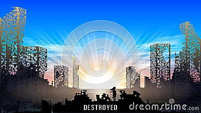 Little girl looking at the sun on the horizon standing dark ruins of buildings, rear view. Vector Illustration