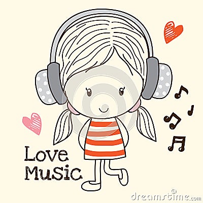 Little Girl Love Music Vector Illustration