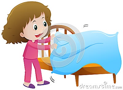 Little girl making bed Vector Illustration