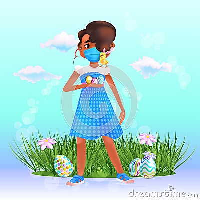 little girl in mask with eggs and cute chick happy easter spring holiday celebration coronavirus quarantine Vector Illustration