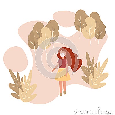 Little girl in a mask walking in the autumn park. Virus protection concept, protect kid, stop the Coronavirus, health care. Covid- Cartoon Illustration