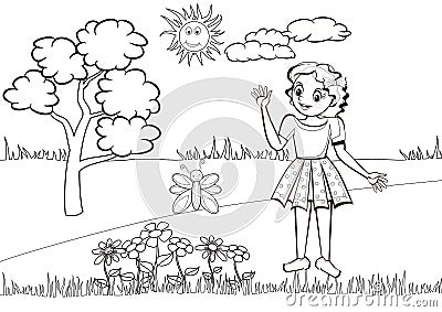Little girl in the meadow - Colouring book Stock Photo