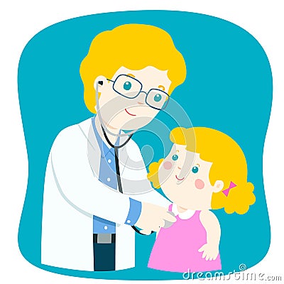 Little girl on medical check up with male pediatrician doctor. Vector Illustration