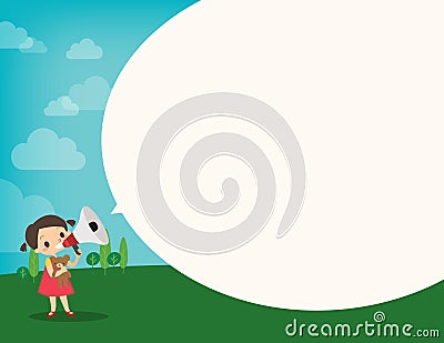 Little girl on megaphone make an announcement with bubble speech Vector Illustration