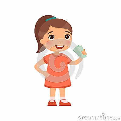 Little girl with money in hand flat vector illustration. Pocket money concept Vector Illustration