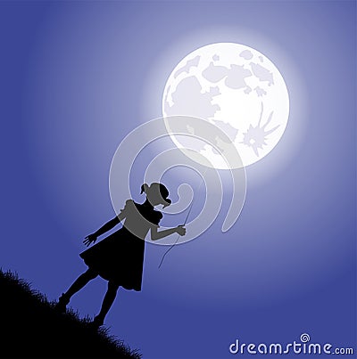 Little girl and the moon Vector Illustration