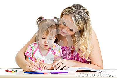 Little girl with mother drawing with color pen Stock Photo