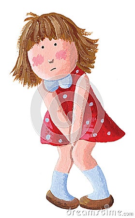 Little girl need a pee. Isolated on white background Cartoon Illustration