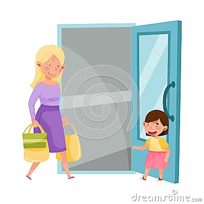 Little Girl Opening Door to Young Woman with Shopping Bags Vector Illustration Vector Illustration