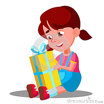 Little Girl Opening Gift Christmas Box Vector. Isolated Illustration Vector Illustration